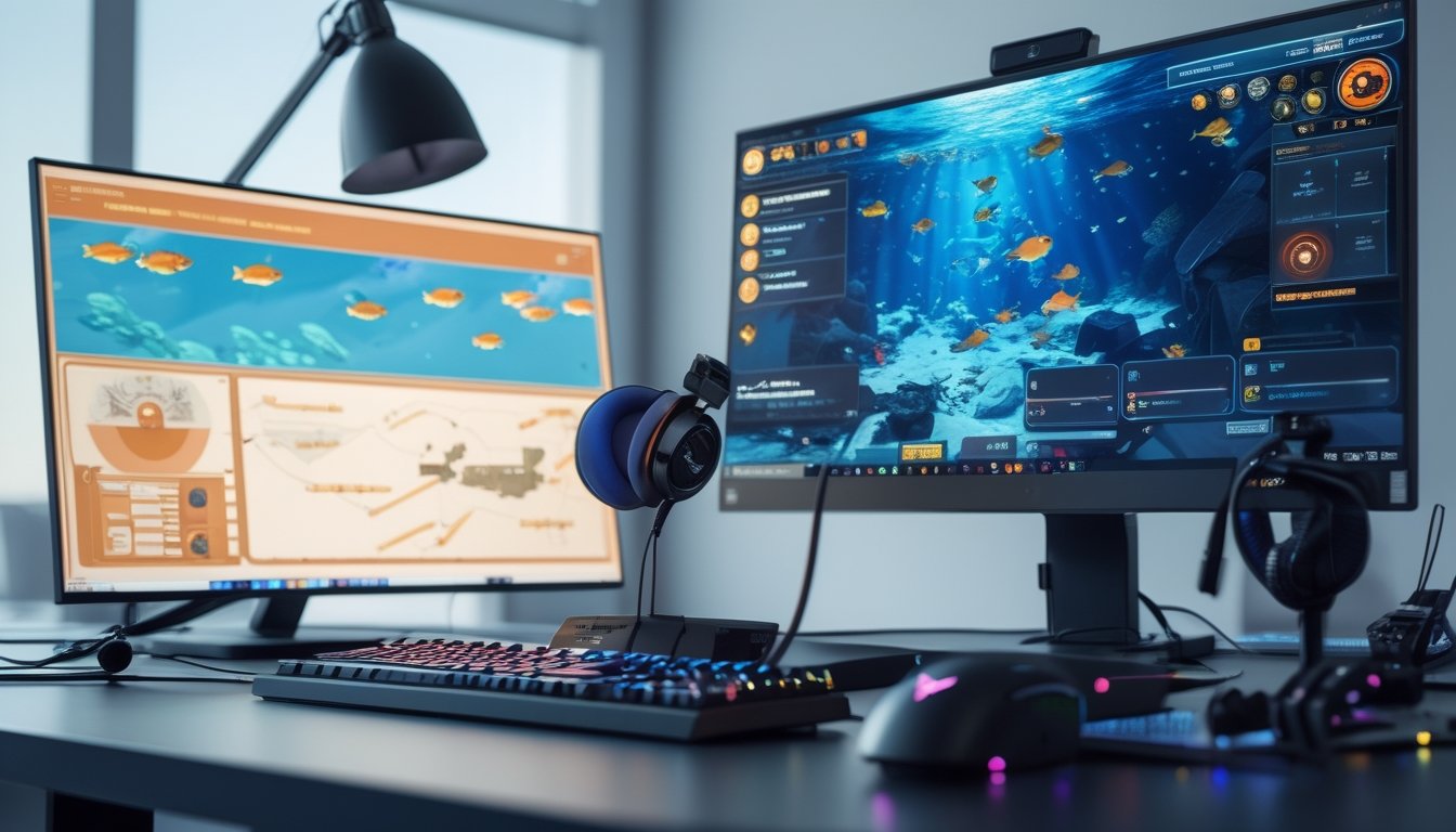 Sebuah meja dengan komputer yang menampilkan permainan menembak ikan multiplayer, dilengkapi dengan aksesori gaming dan catatan strategi di sekitarnya.