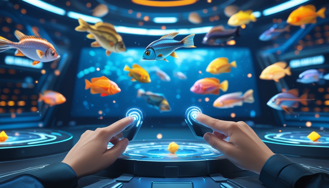 Layar permainan ikan online dengan ikan berwarna-warni dan tangan pemain yang mengendalikan permainan di latar laut biru.