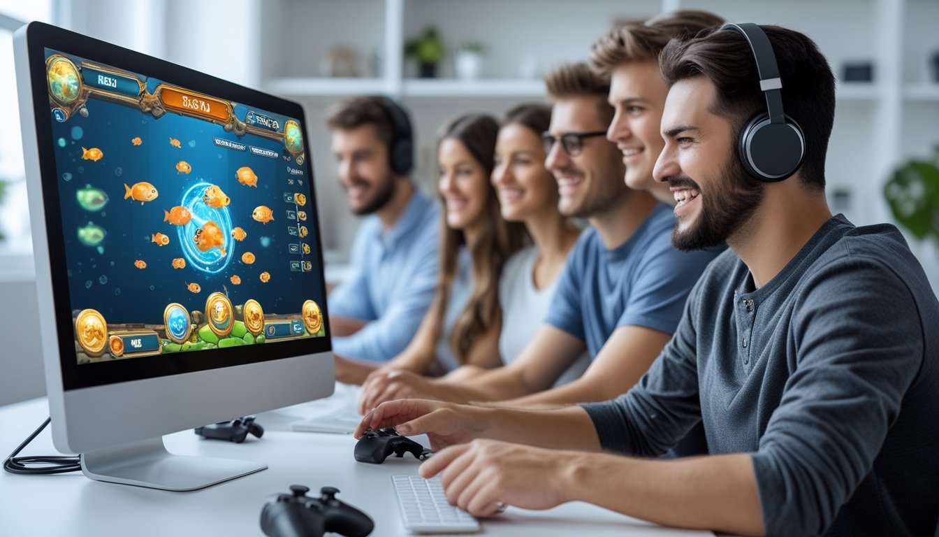 Sekelompok orang muda bermain game tembak ikan multiplayer bersama di depan komputer dalam ruangan terang.