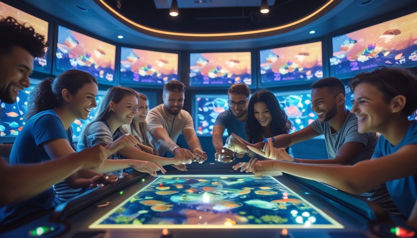 Sekelompok teman bermain game tembak ikan multiplayer bersama di sebuah ruang permainan yang cerah dan penuh warna.