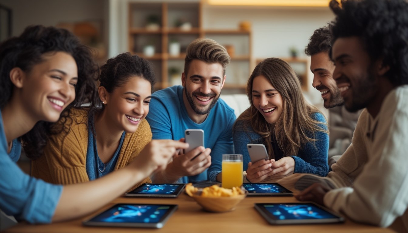 Sekelompok teman bermain game tembak ikan multiplayer bersama di ruang tamu yang nyaman.