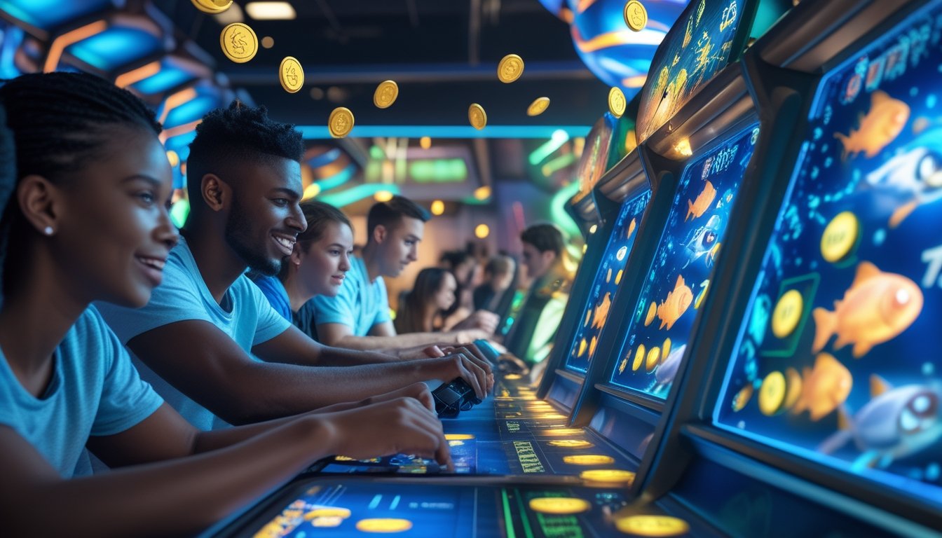 Beberapa orang bermain game arcade ikan dengan layar berwarna cerah dan koin digital yang terlihat di sekitar mereka.