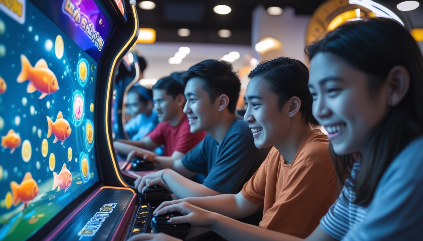 Beberapa orang muda sedang bermain permainan tembak ikan bersama di mesin arcade dengan layar penuh warna ikan dan koin.