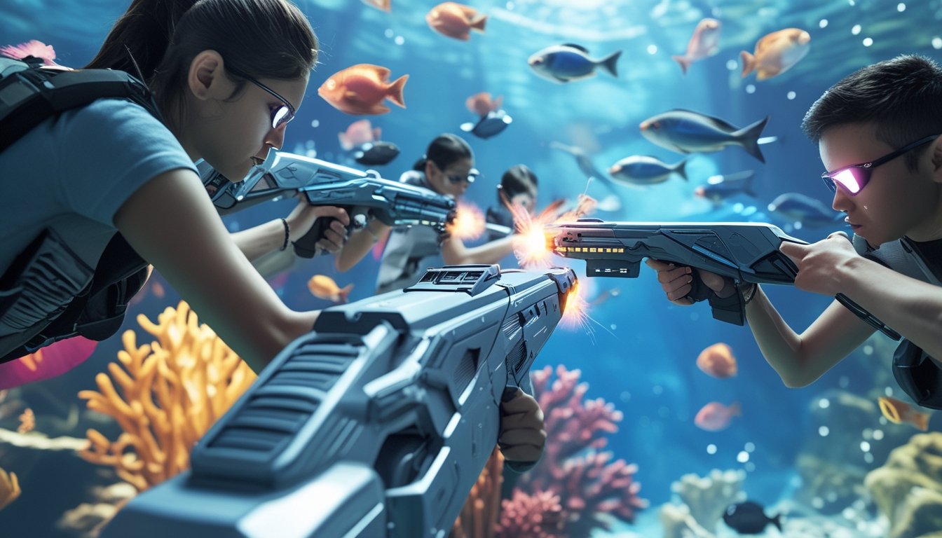 Adegan permainan tembak ikan multiplayer dengan pemain yang menembak ikan di lingkungan bawah laut berwarna-warni.