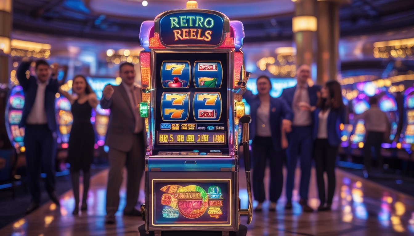 Orang-orang yang sedang bermain mesin slot retro di kasino dan terlihat senang merayakan kemenangan besar.