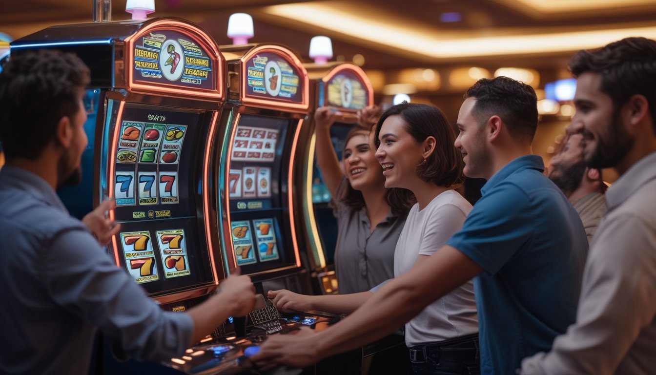 Orang-orang bermain mesin slot retro dengan simbol klasik di kasino yang cerah dan ramai.