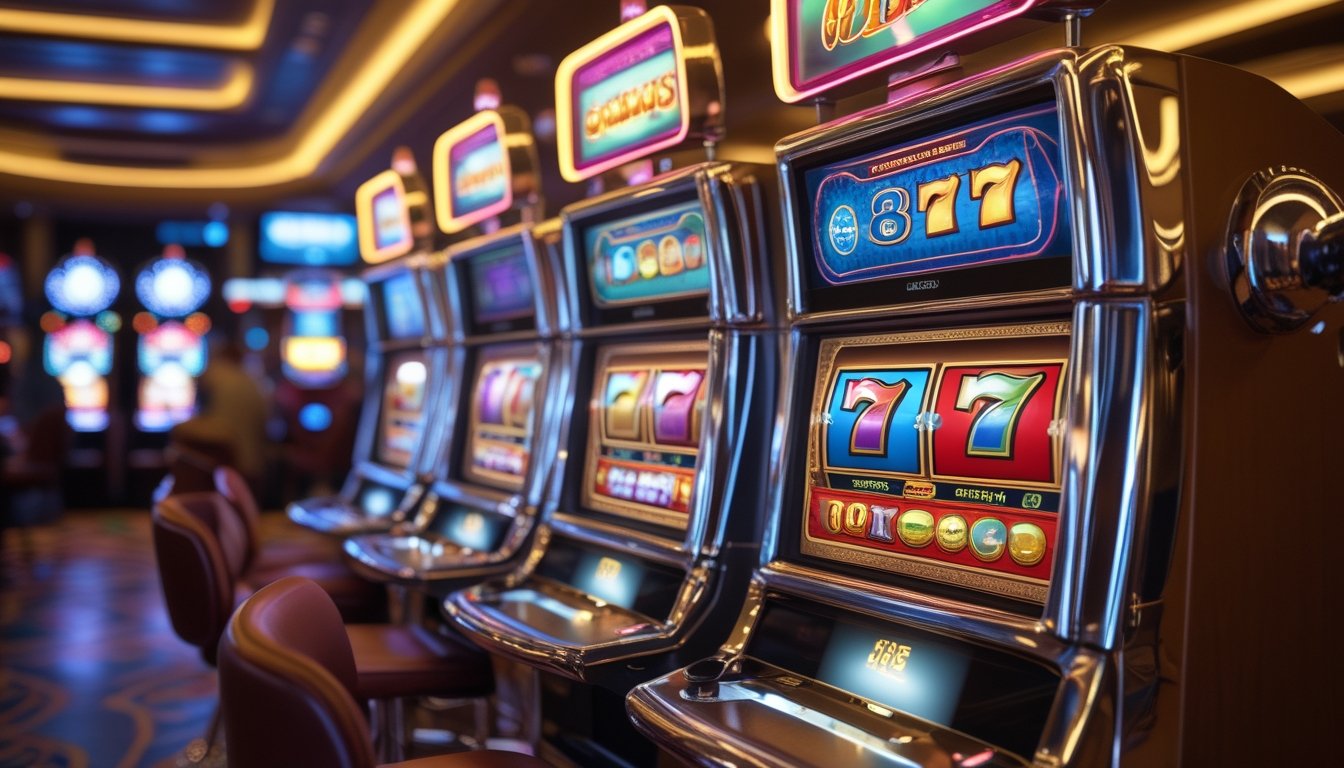 Mesin slot retro dengan lampu neon berwarna cerah dan layar digital di dalam kasino yang hangat dan ramai.