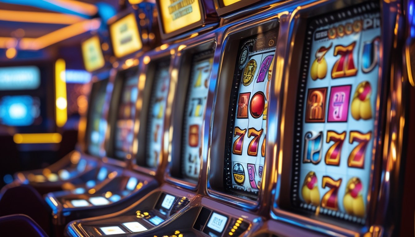 Mesin slot klasik dengan simbol buah berwarna-warni di latar kasino yang ramai.