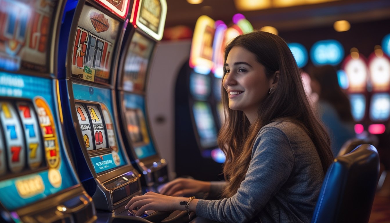 Seseorang duduk di depan mesin slot retro yang sedang berputar di dalam kasino.