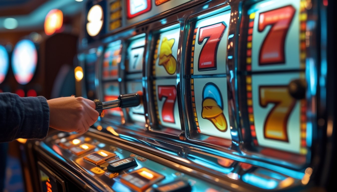Mesin slot retro dengan gulungan berwarna-warni dan tangan seseorang sedang menarik tuas di kasino.