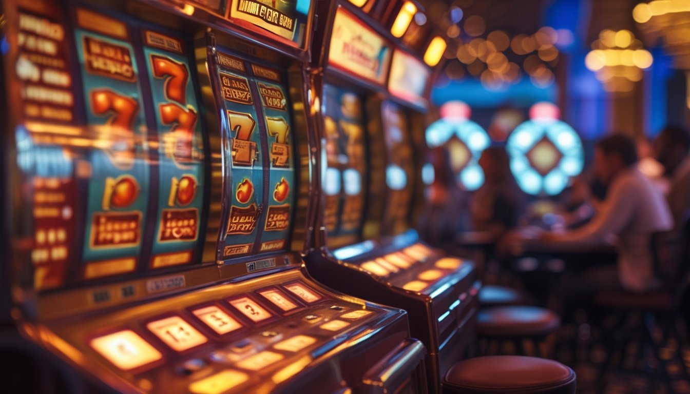 Mesin slot retro dengan simbol klasik dan pemain yang sedang bermain di latar belakang.