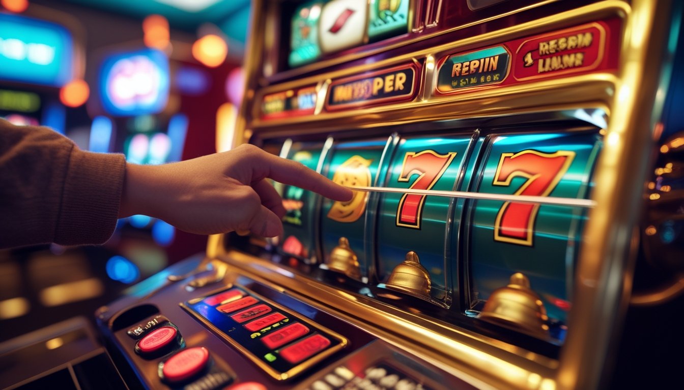 Close-up mesin slot retro dengan gulungan yang menunjukkan kombinasi kemenangan dan tangan yang akan menekan tombol putar.