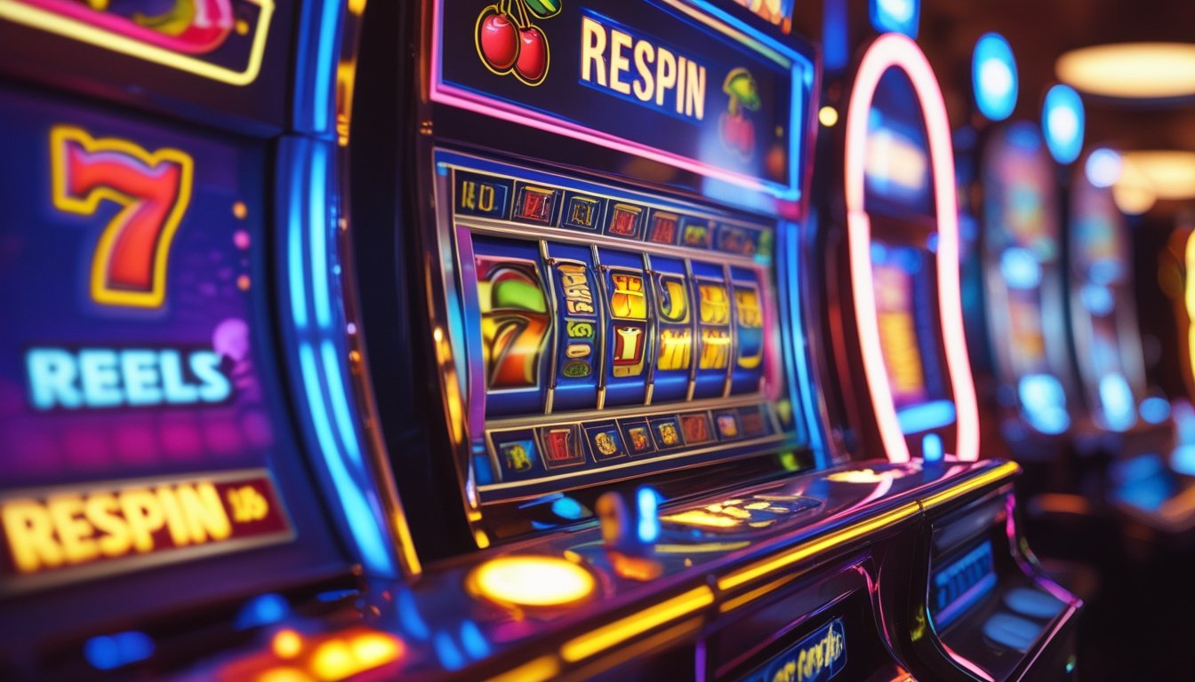 Mesin slot Retro Reels dengan gulungan berwarna-warni dan tombol respin yang menyala di latar kasino.