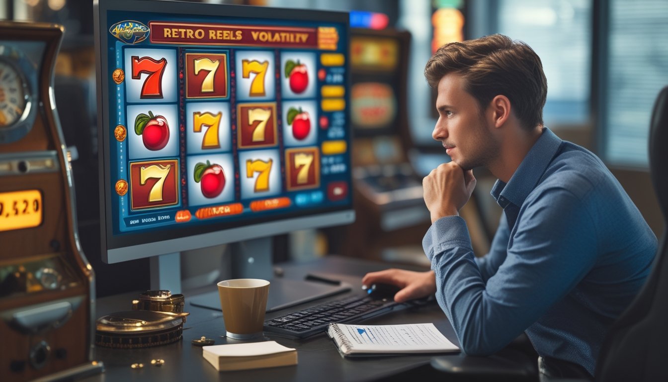 Seseorang sedang menganalisis data slot mesin dengan tema reel retro di depan layar komputer dalam ruangan yang terang.