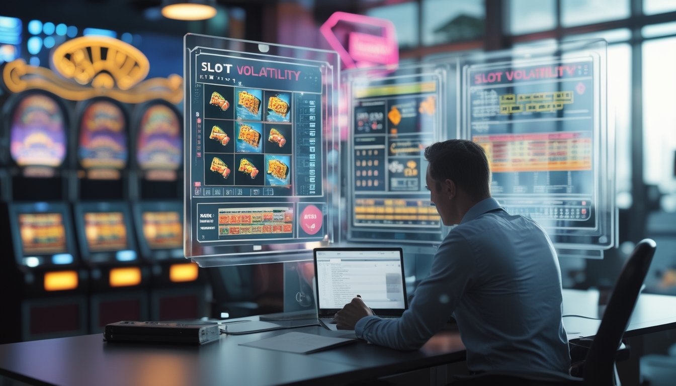 Seorang analis sedang memeriksa data slot mesin dengan grafik dan gulungan slot di layar digital di sebuah kantor modern.