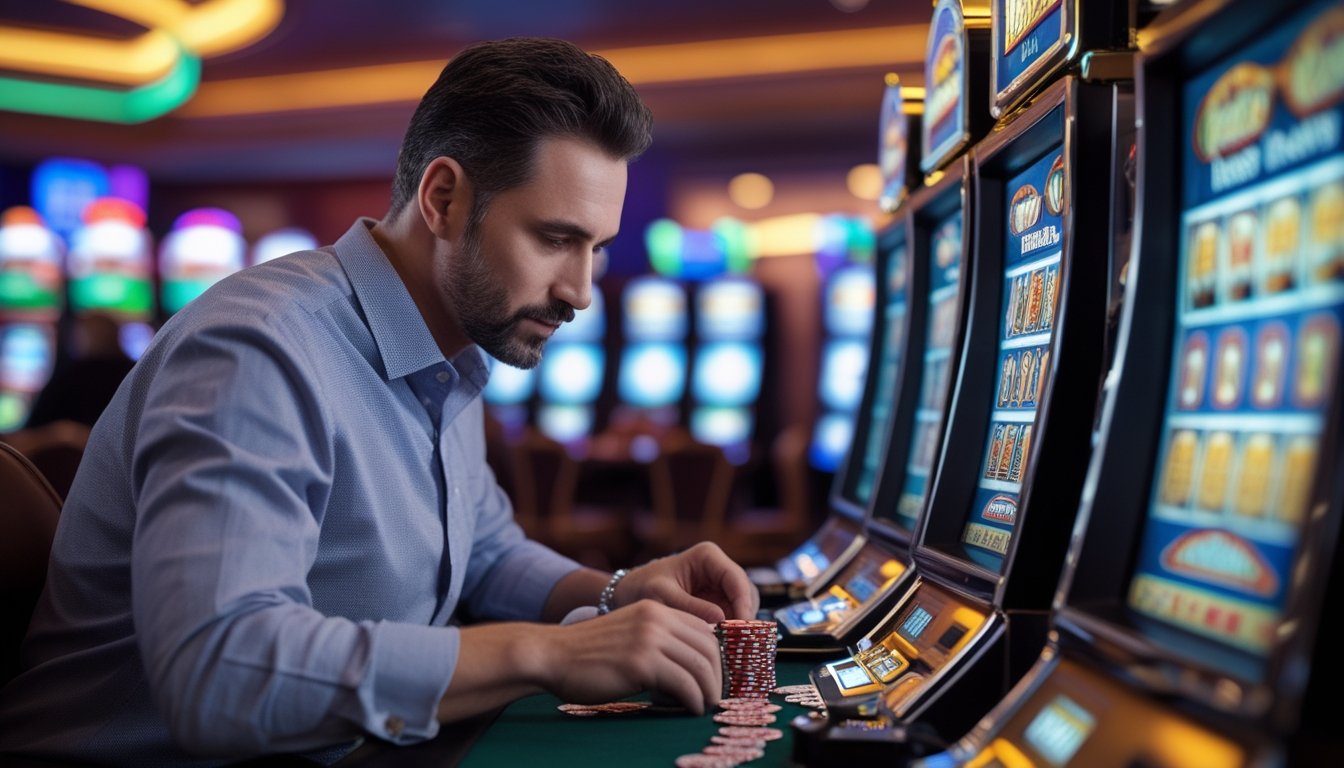 Seorang pria dewasa sedang duduk di depan mesin slot Retro Reels sambil mengatur chip dan uang dengan fokus di dalam kasino.