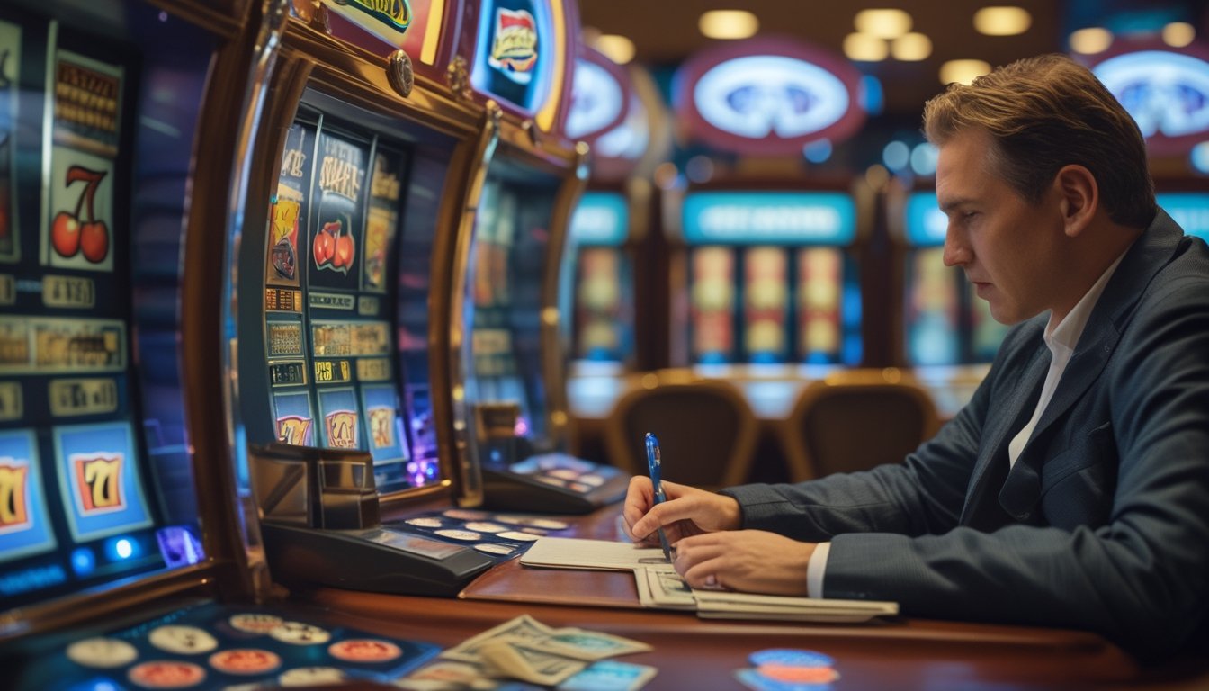 Seorang pemain sedang mengelola modal dengan mencatat sambil duduk di depan mesin slot retro di kasino.