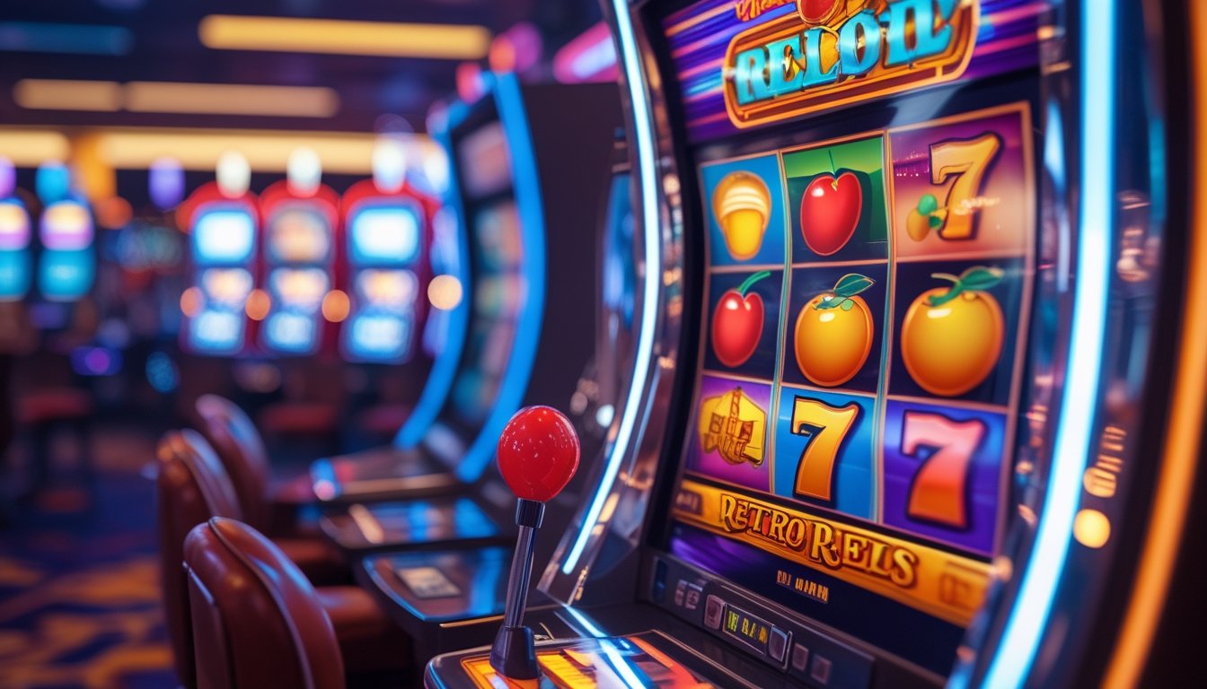 Mesin slot bertema retro dengan simbol klasik berwarna-warni di dalam kasino yang ramai dan penuh cahaya.