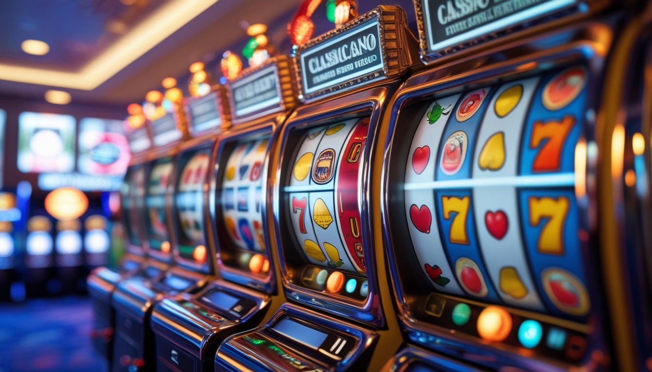 Gambar close-up mesin slot retro dengan simbol klasik seperti ceri, lonceng, dan angka tujuh, dikelilingi elemen kasino dan teknologi modern.