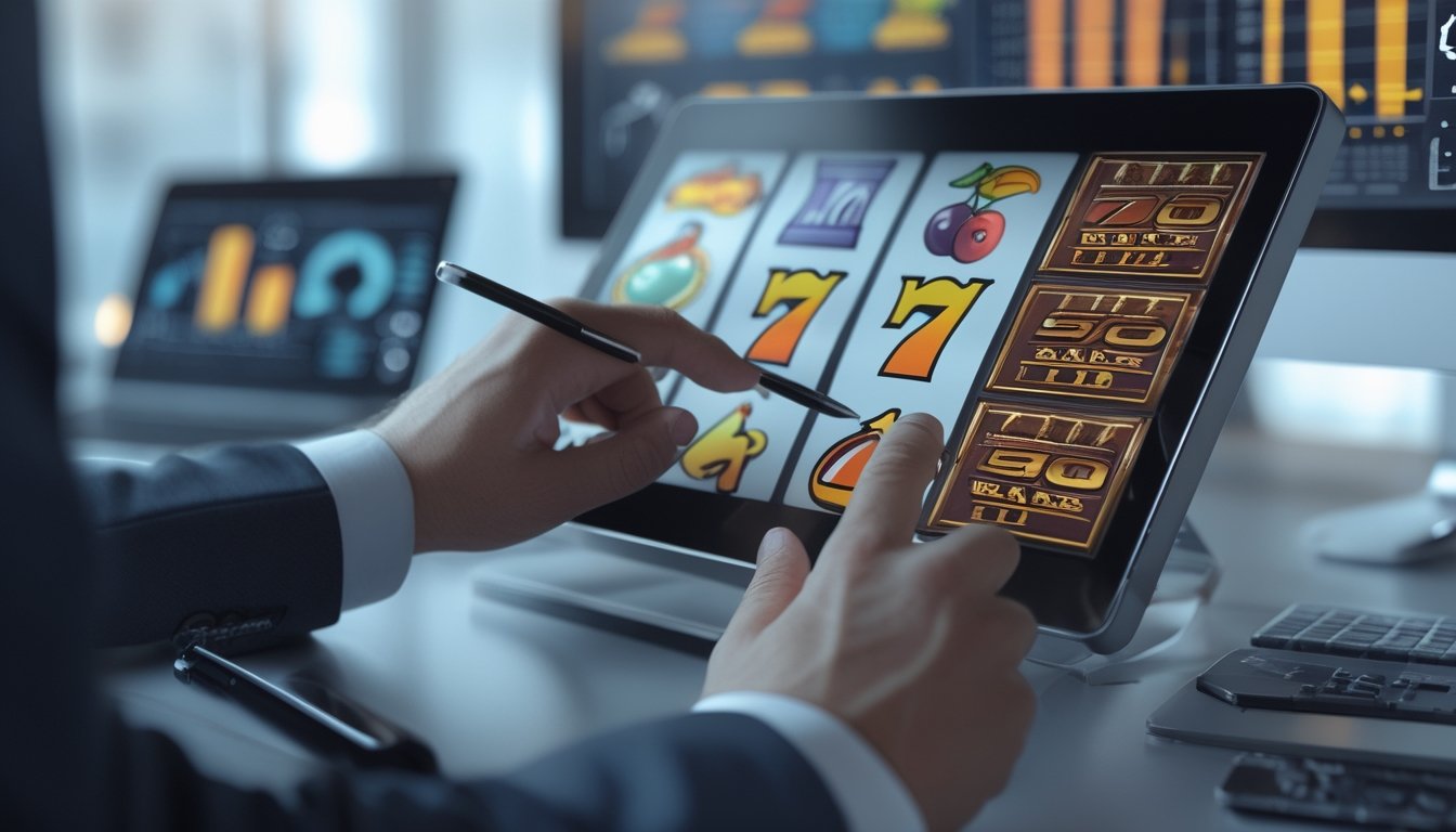 Tangan seseorang sedang menganalisis pola kemenangan pada layar tablet yang menampilkan gulungan mesin slot bergaya retro di sebuah kantor modern.