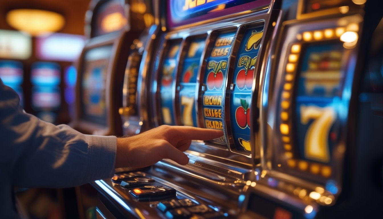 Tangan seseorang sedang memperhatikan gulungan mesin slot retro dengan simbol klasik di latar kasino yang samar.