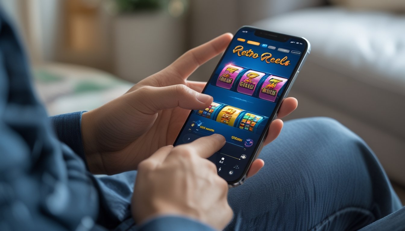 Seseorang memegang ponsel dengan permainan slot retro terlihat di layar dalam lingkungan yang nyaman.