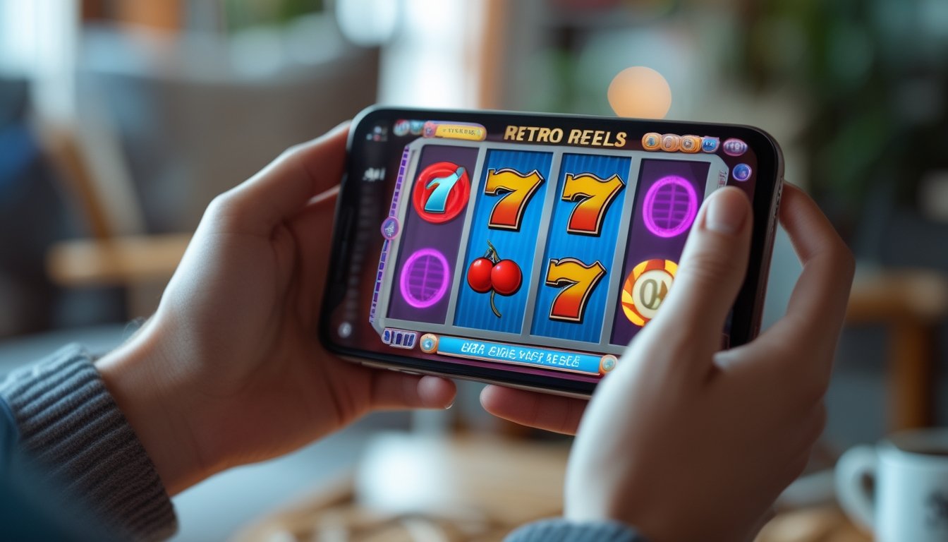 Seseorang memegang ponsel yang menampilkan permainan slot retro dengan simbol klasik, di lingkungan yang nyaman.