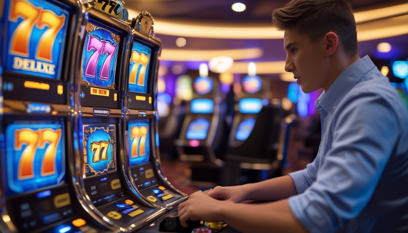 Seorang pemain muda sedang bermain mesin slot 777 di dalam kasino dengan suasana yang hidup.