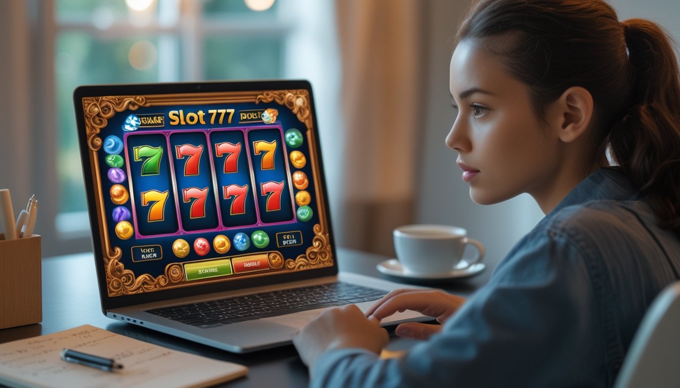 Seorang dewasa muda fokus belajar strategi bermain mesin slot 777 deluxe di depan laptop di ruang kerja rumah.