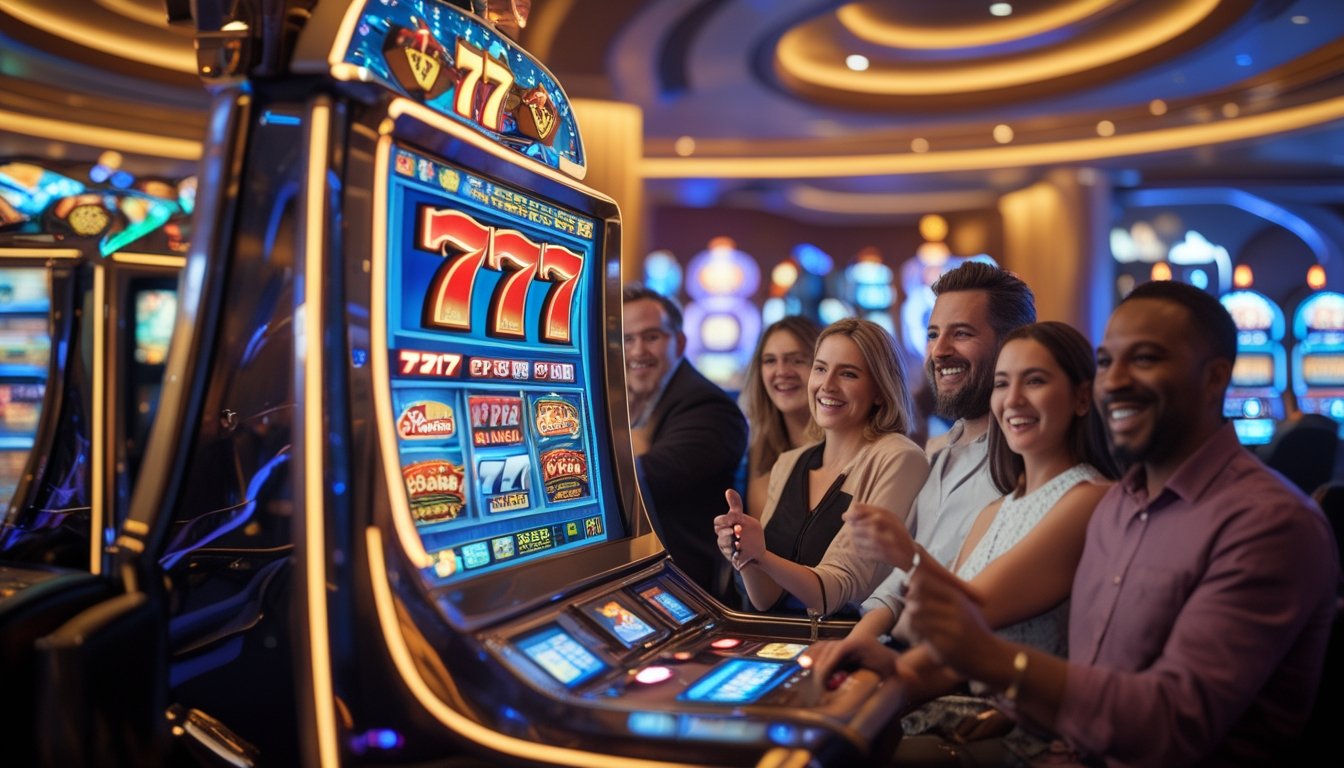 Orang-orang bermain mesin slot 777 di kasino yang modern dan ramai dengan lampu berwarna-warni.