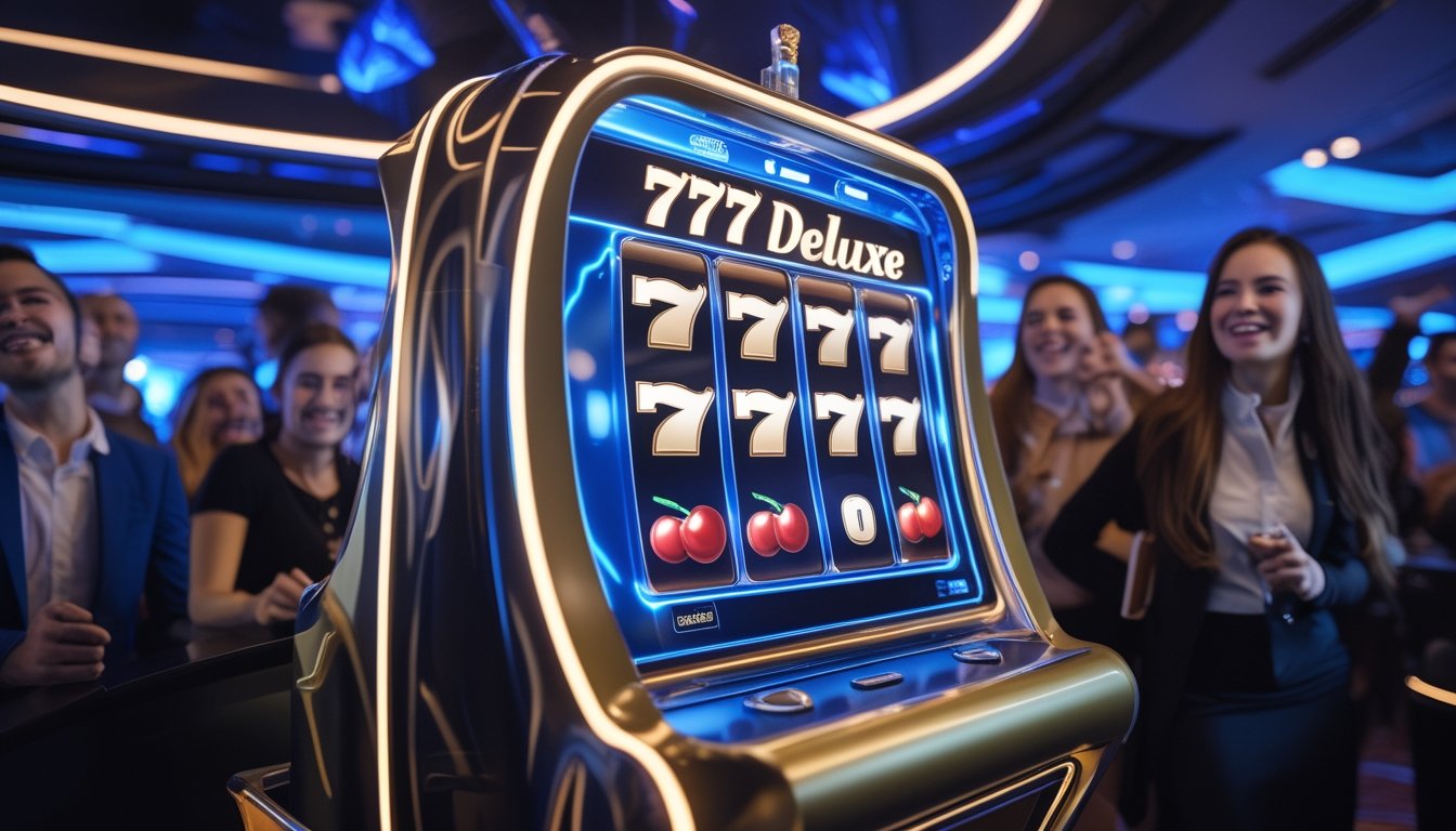 Suasana kasino modern dengan mesin slot 777 Deluxe yang menyala dan pemain yang tampak antusias merayakan kemenangan.
