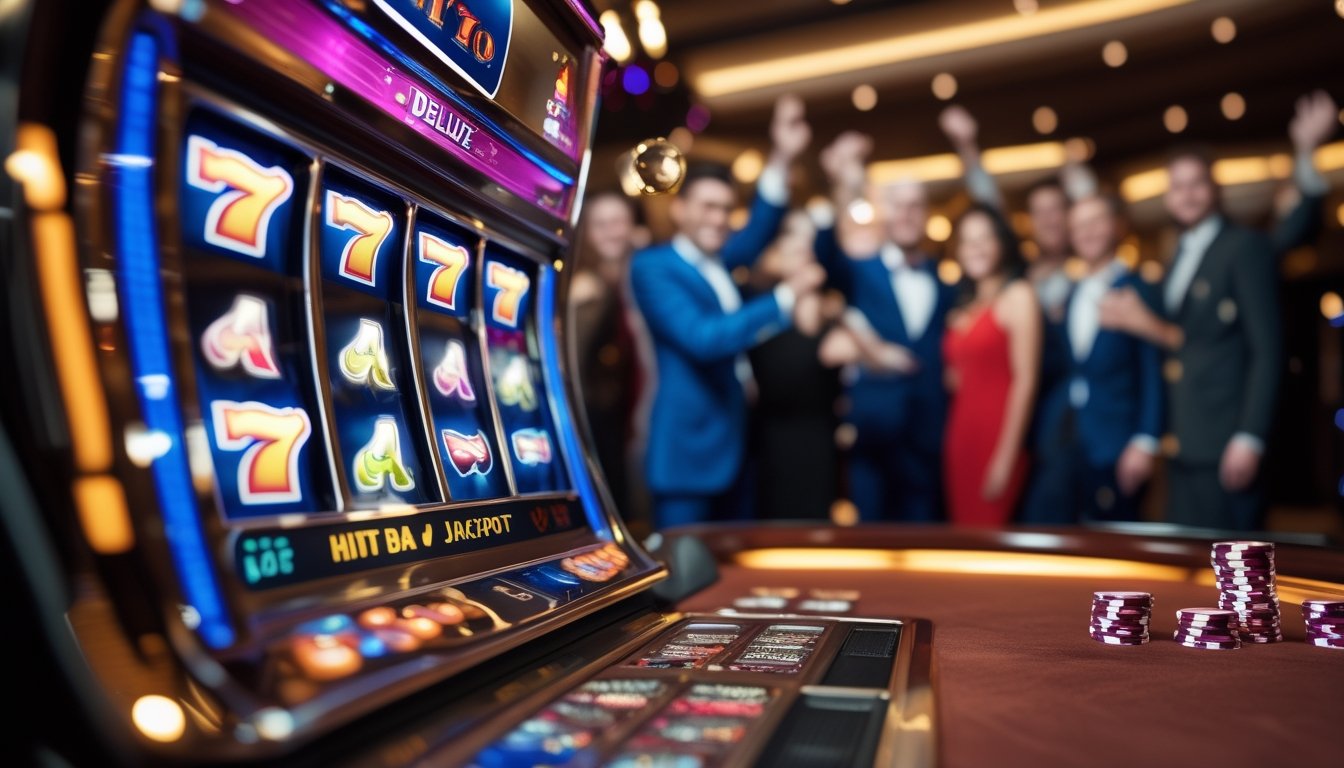 Mesin slot 777 Deluxe dengan kombinasi kemenangan, orang-orang merayakan jackpot di latar belakang kasino.