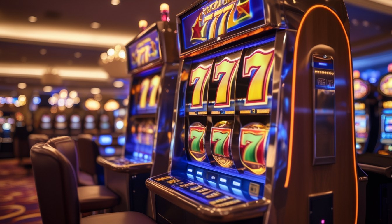 Mesin slot 777 deluxe yang menyala dengan latar belakang kasino yang mewah dan pencahayaan hangat.