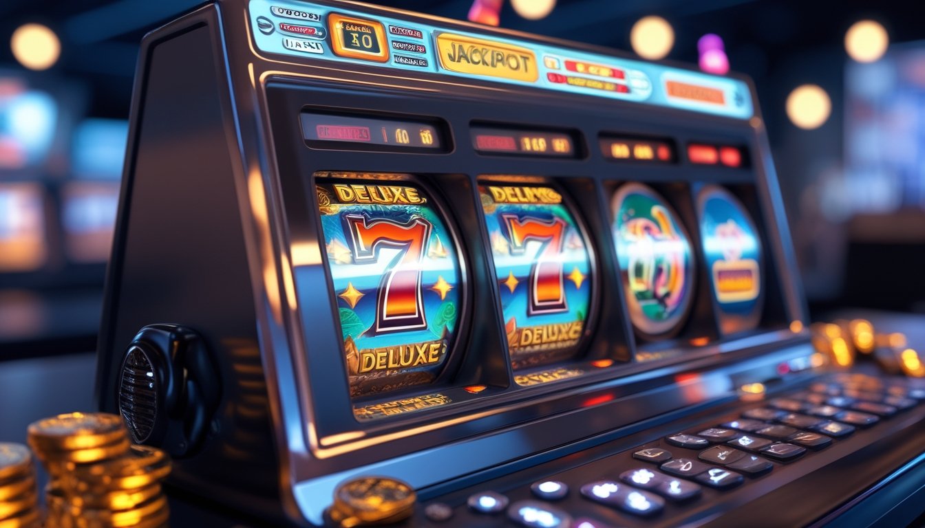 Sebuah mesin slot modern dengan layar berwarna cerah dan simbol keberuntungan, dikelilingi oleh koin dan grafik yang menunjukkan peluang kemenangan.
