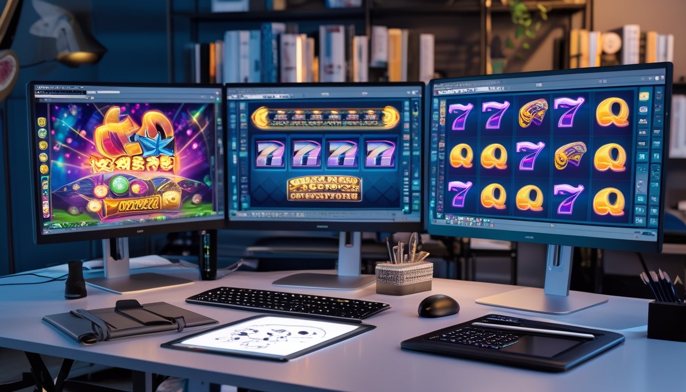 Sebuah ruang kerja modern dengan dua monitor menampilkan grafik dan animasi permainan slot yang berwarna-warni, dilengkapi dengan alat desain seperti tablet grafis dan buku sketsa.
