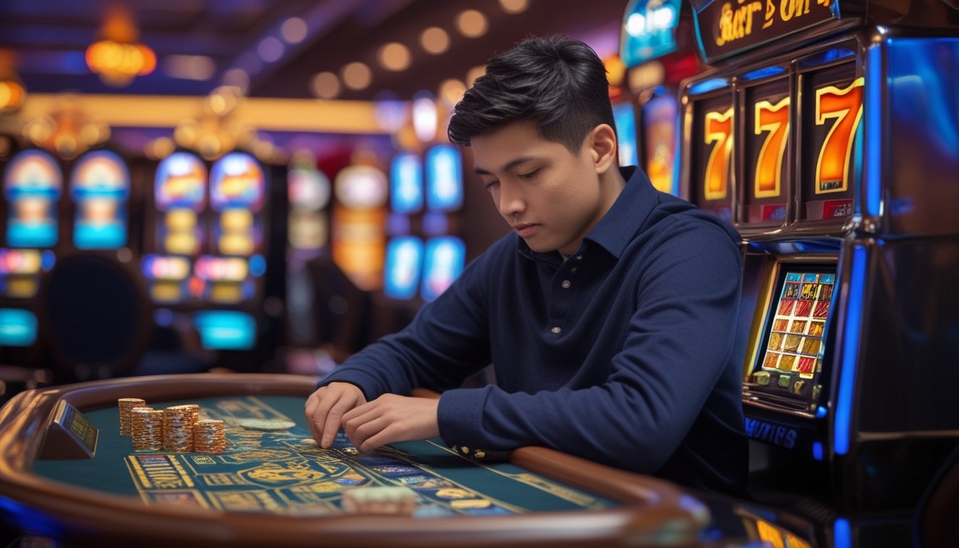 Seseorang sedang mengelola uang dengan hati-hati saat bermain mesin slot 777 di kasino.