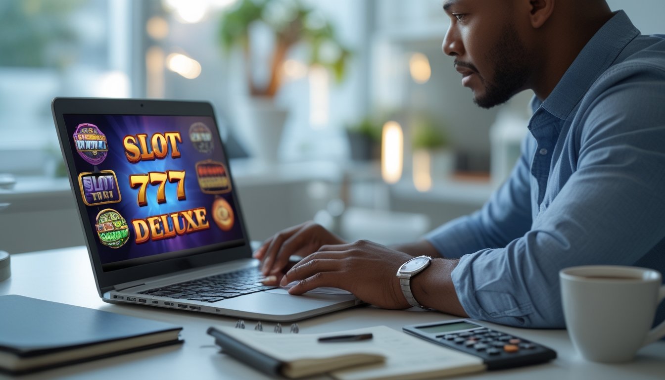 Seseorang sedang mengelola anggaran sambil bermain permainan slot online di laptop di sebuah ruang kerja rumah yang rapi.