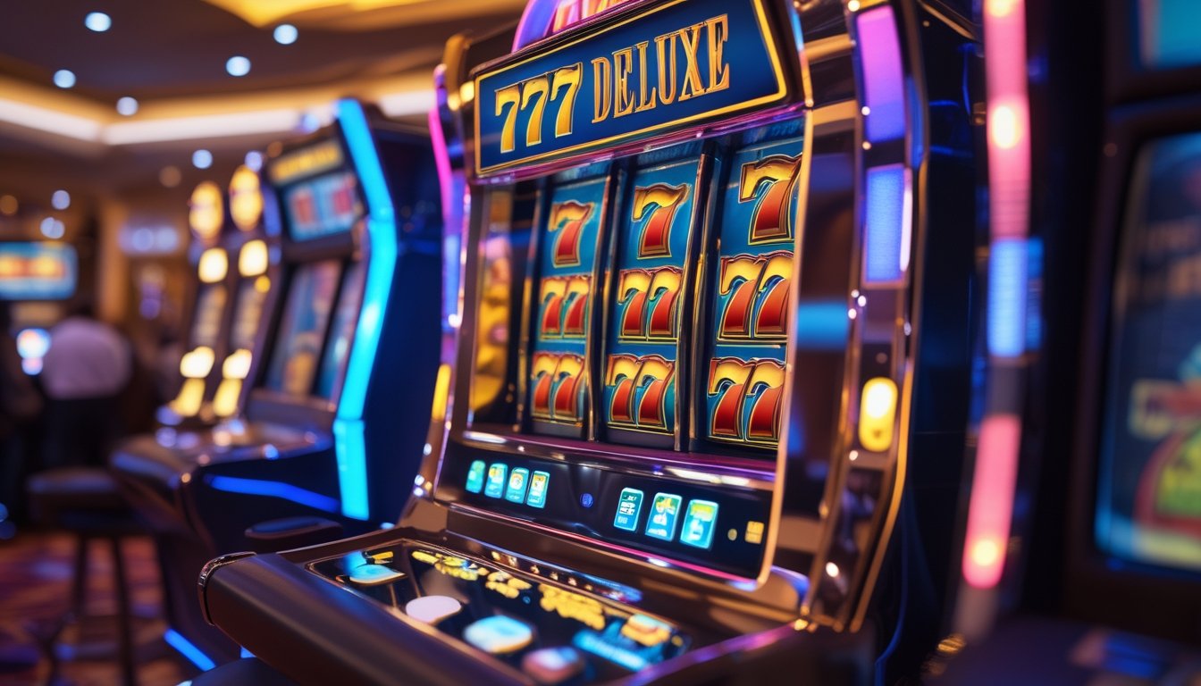 Mesin slot 777 Deluxe yang menyala terang di dalam kasino dengan mesin slot klasik lain di latar belakang.
