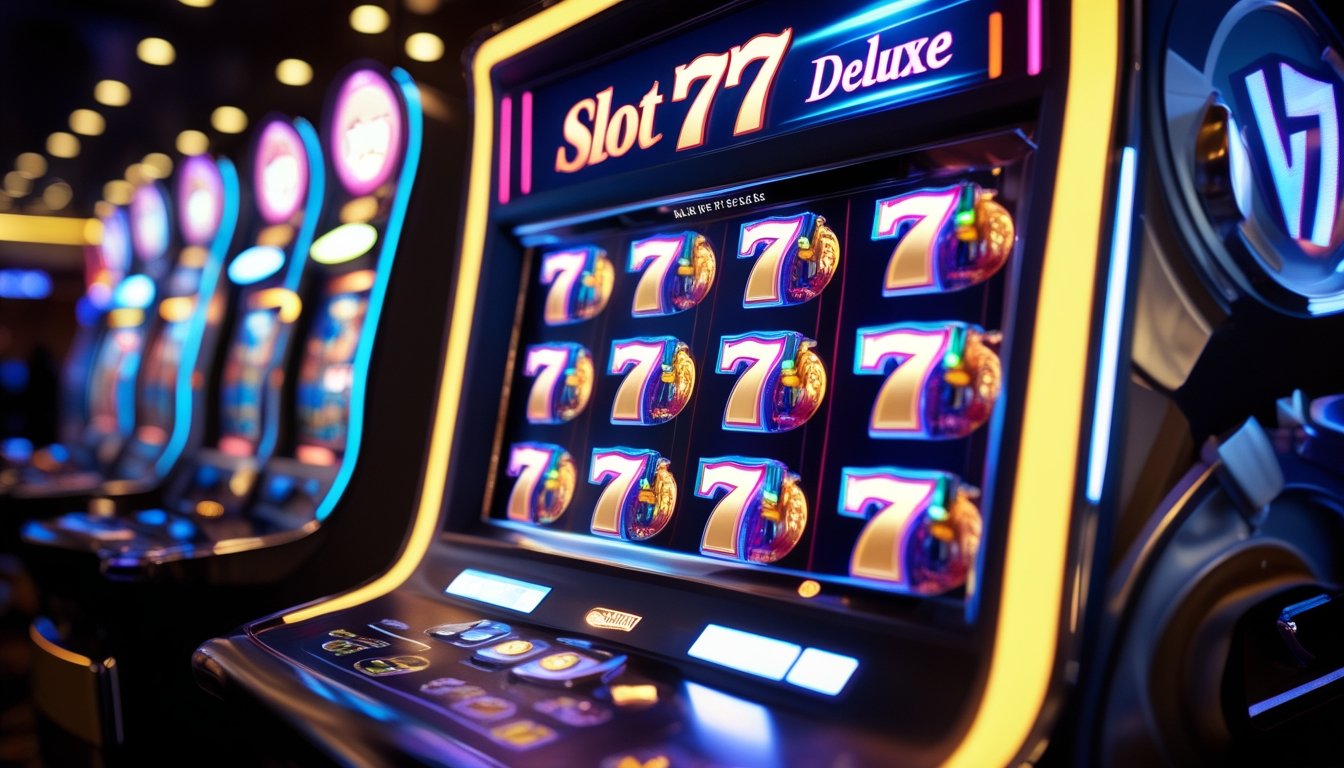 Mesin slot modern dengan tampilan 777 yang cerah dan latar belakang mesin slot klasik yang blur di kasino.
