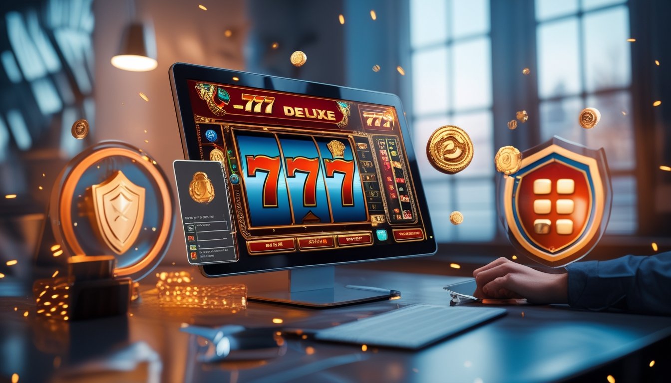 Sebuah meja kerja modern dengan komputer menampilkan permainan slot 777 deluxe dan simbol keamanan di sekitarnya.