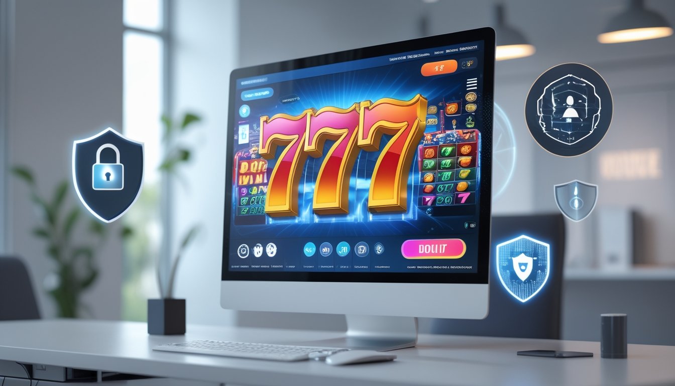 Sebuah ruang kerja modern dengan komputer menampilkan permainan slot online dan simbol keamanan digital di sekitarnya.