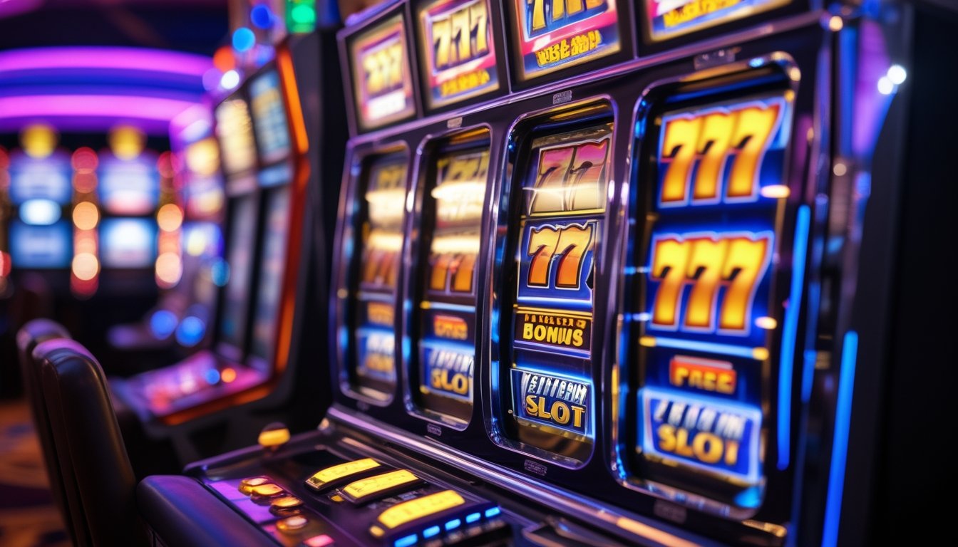 Mesin slot dengan angka 777 yang menyala dan menampilkan momen kemenangan di kasino.