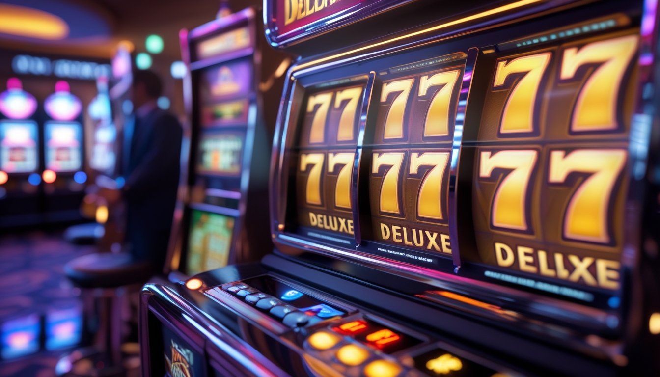 Mesin slot 777 Deluxe dengan simbol 777 yang menyala, menunjukkan fitur bonus dan putaran gratis sedang aktif.