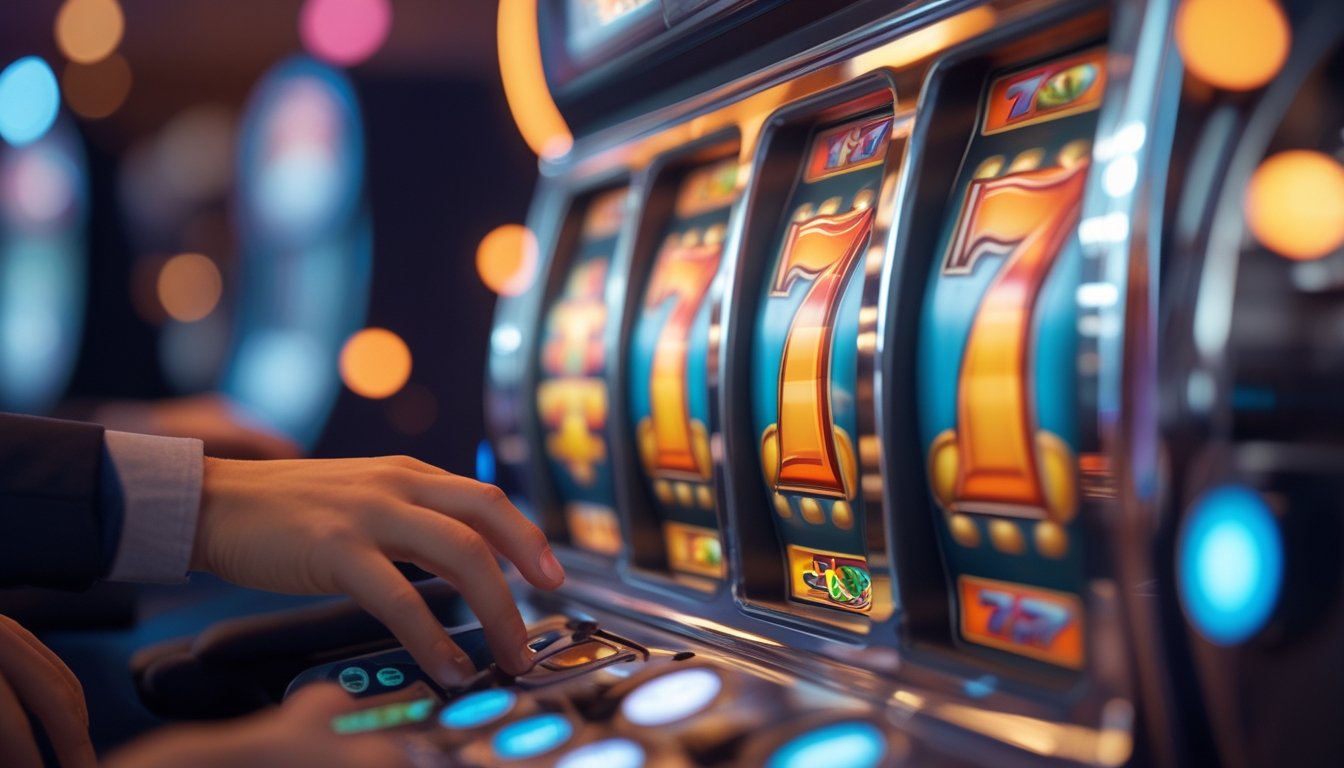 Mesin slot 777 Deluxe dengan gulungan berwarna-warni yang sedang berputar dan tangan pemain yang sedang berinteraksi dengan mesin di dalam kasino.