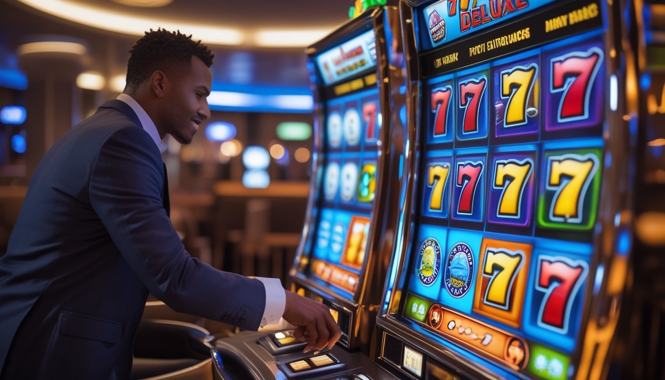 Seorang pria berpakaian rapi sedang bermain mesin slot 777 Deluxe di dalam kasino dengan latar belakang interior kasino yang elegan.
