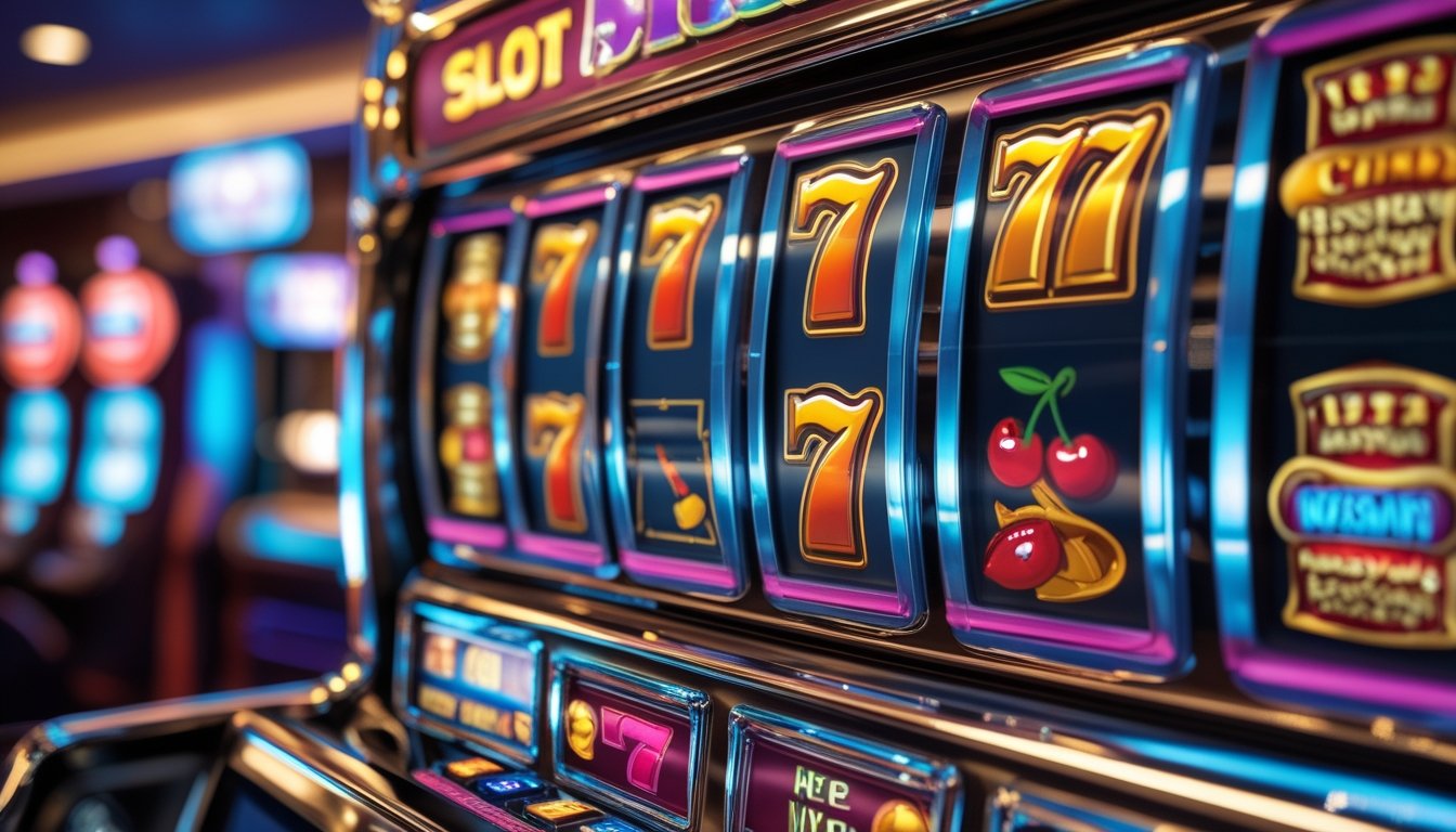 Tampilan dekat mesin slot 777 Deluxe yang berwarna-warni dengan simbol klasik seperti ceri, lonceng, bar, dan angka tujuh di latar kasino.