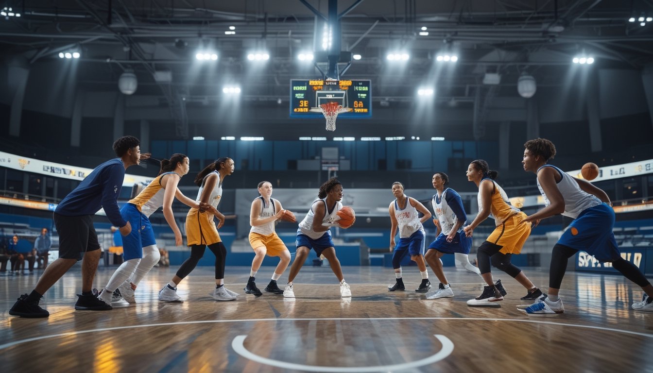 Sekelompok orang muda bermain basket di lapangan dalam ruangan dengan lampu stadion dan papan skor digital.