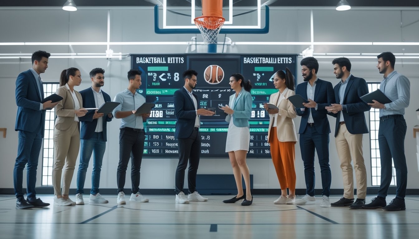 Sekelompok orang muda berkumpul di lapangan basket dalam ruangan, melihat layar digital yang menampilkan data dan statistik pertandingan basket.