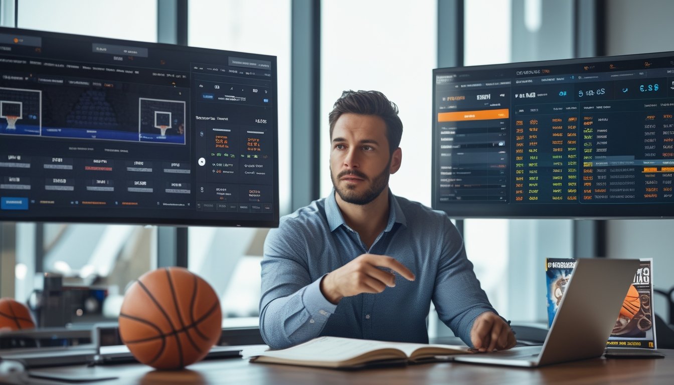 Seorang pria sedang menganalisis statistik pertandingan bola basket di depan beberapa layar digital di kantor modern dengan bola basket dan model ring di latar belakang.