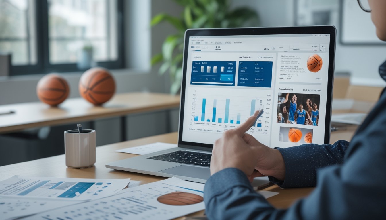 Seseorang sedang menganalisis statistik pemain basket di depan laptop dengan dokumen dan grafik di meja.